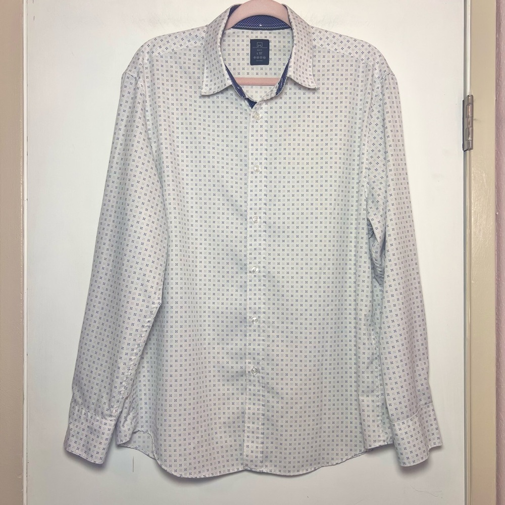 Michael Strahan Slim Fit White & Navy Blue Print Button Up Mens Shirt